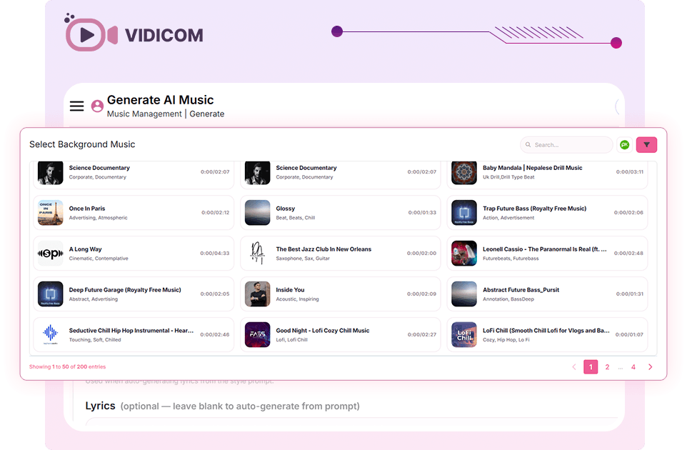 Vidicom select background music library with hundreds of tracks