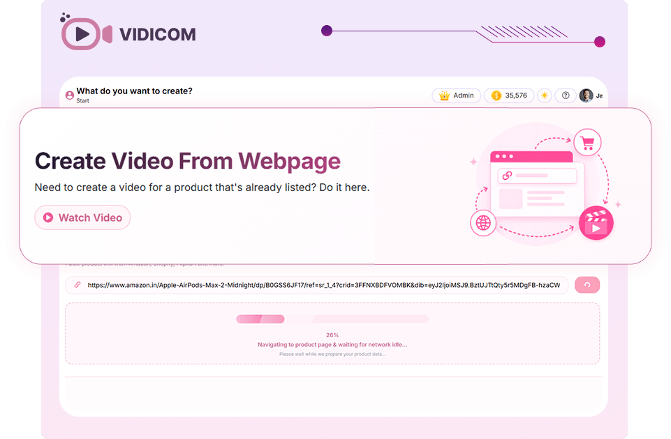 Vidicom Create Video From Webpage screen with a product URL pasted in