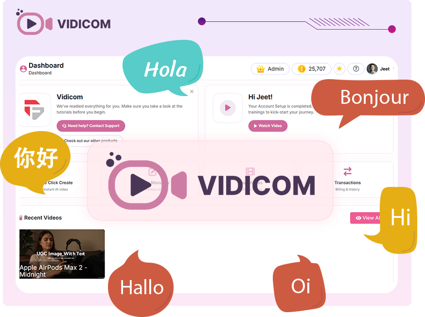 Vidicom dashboard with speech bubbles in multiple languages: Hola, Bonjour, Hallo, Oi, Hi