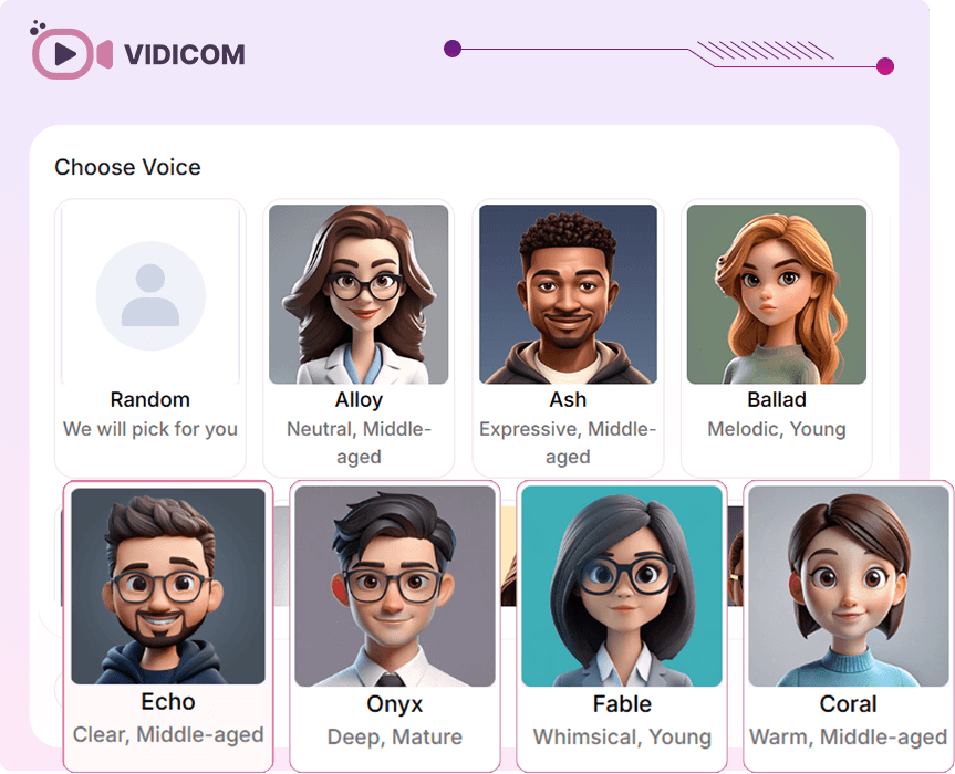 Vidicom choose voice screen with multiple AI narrator avatars