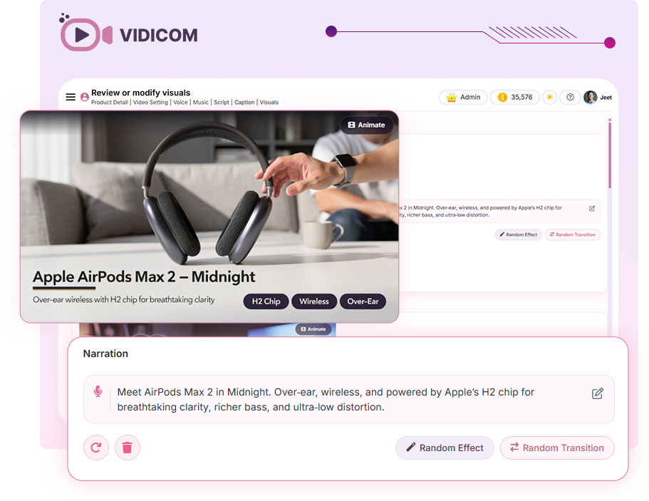 Vidicom review and modify visuals screen with random effect and transition controls