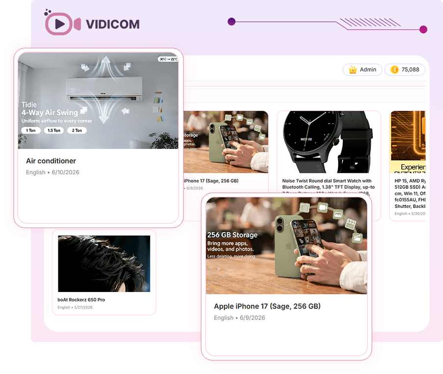 Vidicom library showing multiple finished product videos across categories