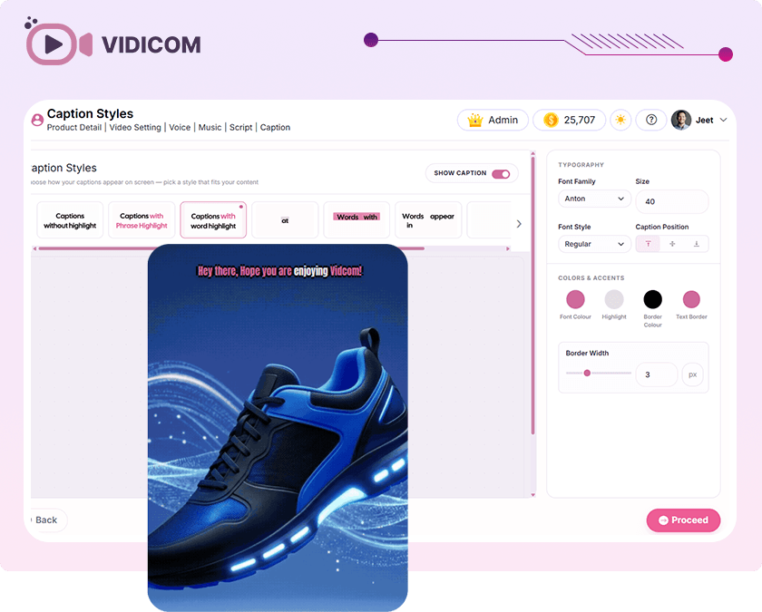 Vidicom caption styles editor with typography, colour and border controls
