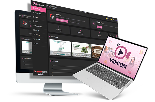 Vidicom dashboard on desktop and laptop screens showing AI product video creation