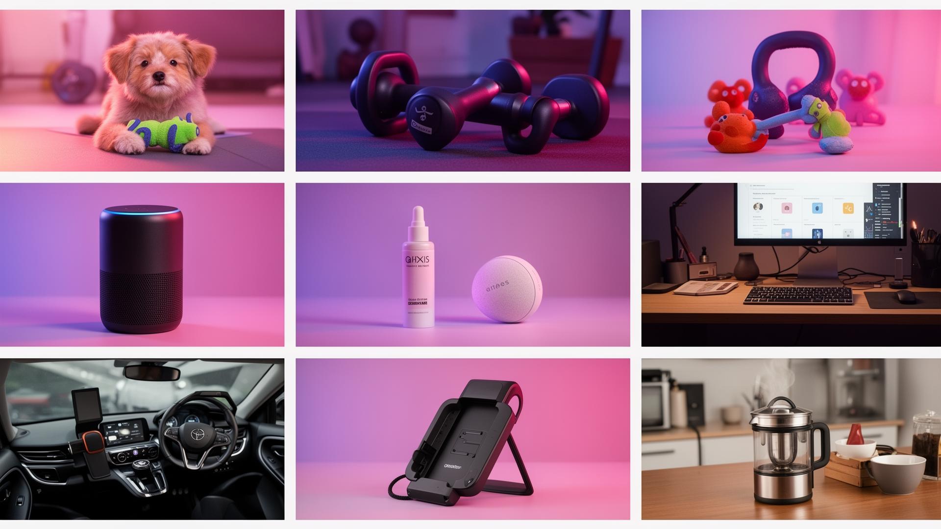 Vidicom output examples across pet, fitness, beauty, smart-home, office, car and kitchen products